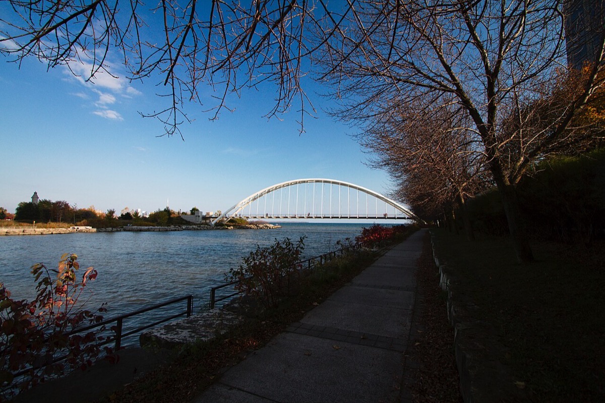 The white arch of the Humber Bay Arch Bridge over the Humber River in Etobicoke, with the Toronto skyline beyond.